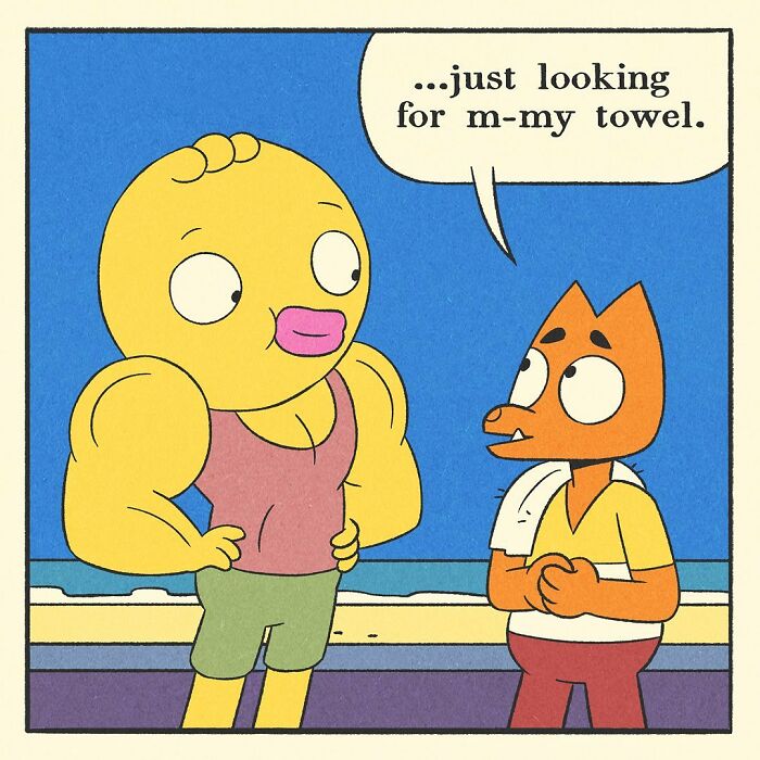 Bodybuilding duck with muscular arms sitting on a green gym bench by the beach with a surprised expression.