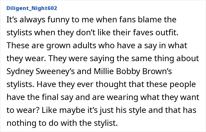Comment discussing fans blaming stylists, relating to Pedro Pascal cutting ties after stylist&rsquo;s angry Twitter rants.