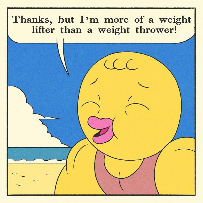 Comic panel showing a bodybuilding duck encouraging friends at the gym with a friendly and soft-hearted expression.
