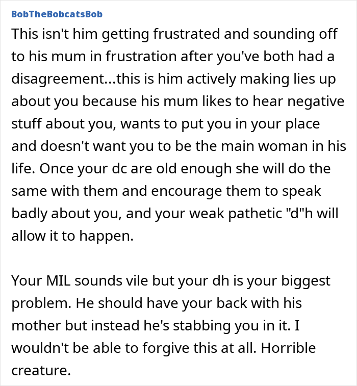 Text showing a woman discovering her husband texted his mother with lies against her, causing trust issues.