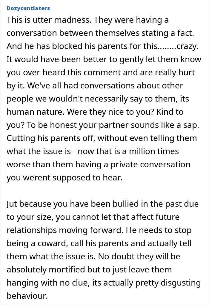 Woman shocked after overhearing boyfriend&rsquo;s parents talking about her, unsure about seeing them again due to hurt feelings.