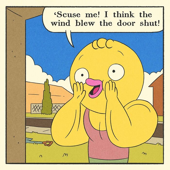 Bodybuilding duck locking a pink bicycle on a suburban street in a comic style with bright colors and clear sky background.