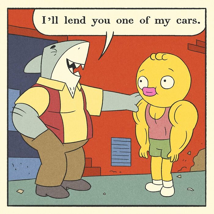 Hand holding cash offering money to another hand in a cartoon style comic about a bodybuilding duck.