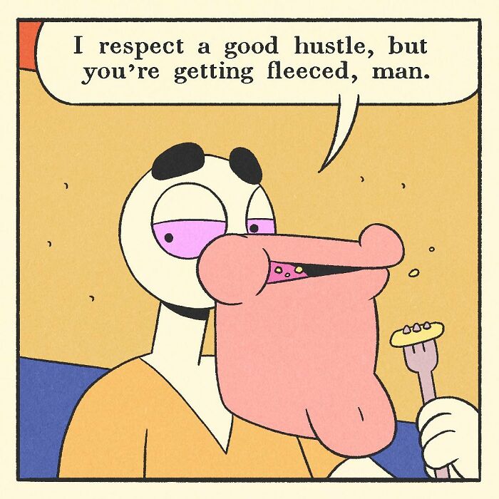 Close-up of a comic panel showing a hand with a fork reaching into a tray of food, related to bodybuilding duck artwork.