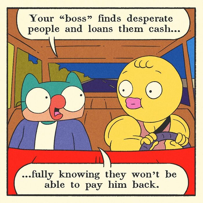 Comic panel featuring a bodybuilding duck driving a red car with a cat passenger, showcasing the character’s soft heart.