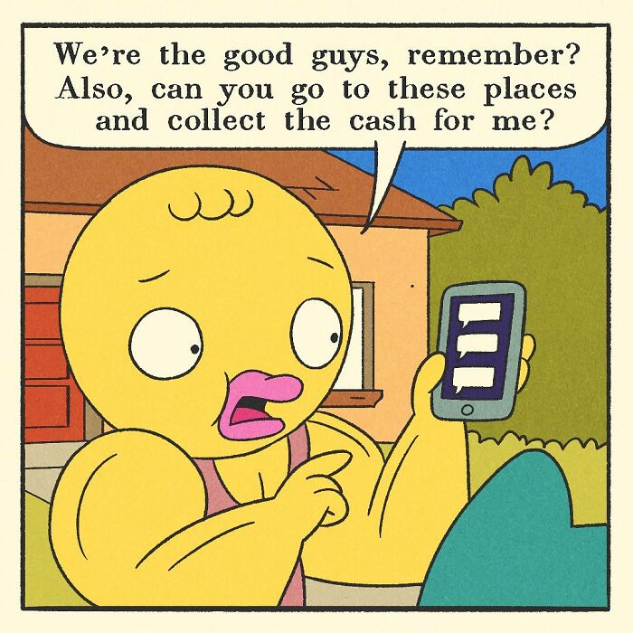 Colorful comic scene showing a cartoon duck character driving a red car past a house with a backyard grill overturned.