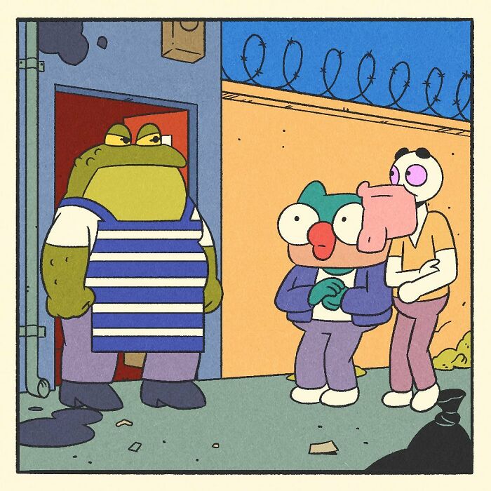 Cartoon comic featuring a bodybuilding duck character with a soft heart standing by a door with no entry sign.