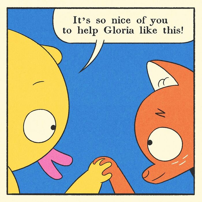 Bodybuilding duck with muscular arms standing next to an orange fox and a frog holding money outside a barbed wire fence.