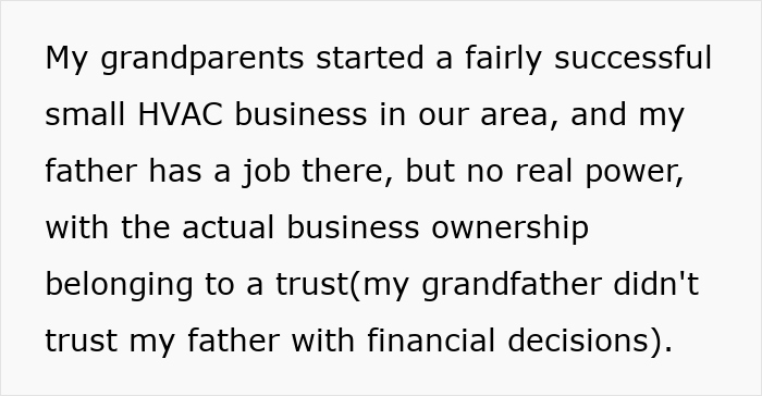 Text excerpt about a family HVAC business and father’s limited power, highlighting a trust excluding him from ownership. Text excerpt about a family HVAC business and father’s limited power, highlighting a trust excluding him from ownership.