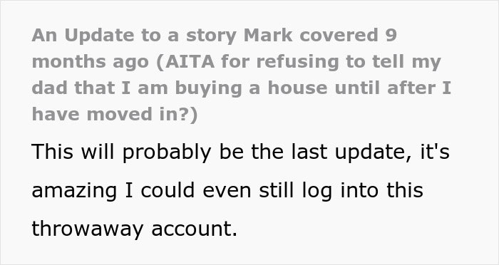 Text excerpt about woman not sharing important news with dad after last attempt, reflecting regret and family conflict.