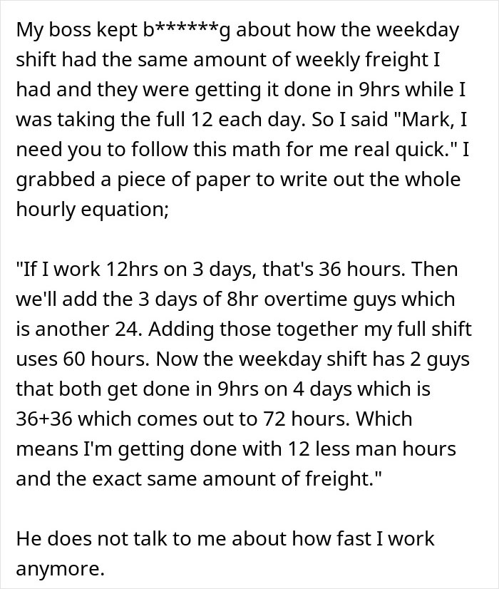 Text showing a worker explaining math to boss about weekly hours and workload, highlighting client message tasks ignored. - 38