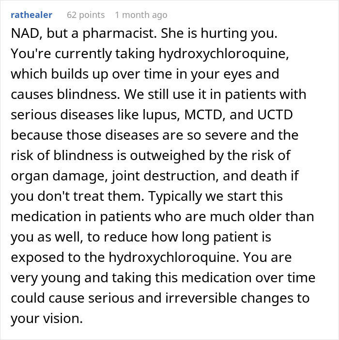 Comment explaining hydroxychloroquine risks, warning teen about irreversible vision damage from long-term use. - 25