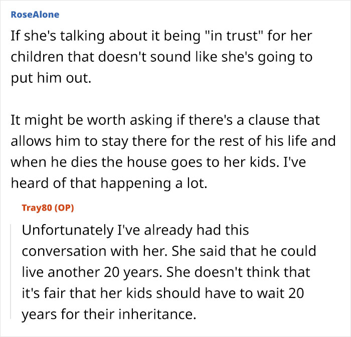 Alt text: Excerpt of online discussion about woman deciding to leave partner homeless after death affecting inheritance and trust issues.