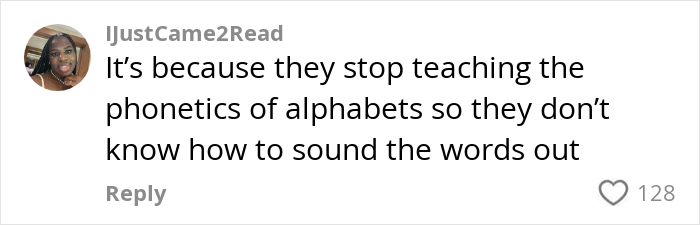 Screenshot of a social media comment discussing literacy crisis and concerns about teaching phonics in US schools.