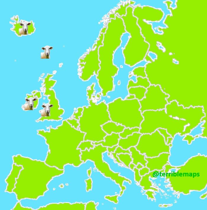 Europe map with sheep icons humorously added in specific countries, illustrating a funny and horrible map concept.