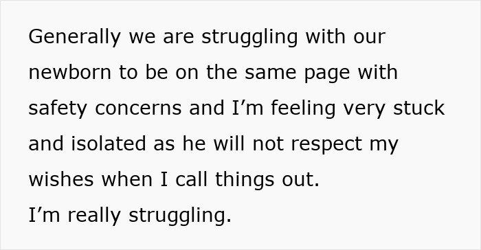 Text discussing struggles with newborn care, focusing on safety concerns and communication issues between husband and wife.