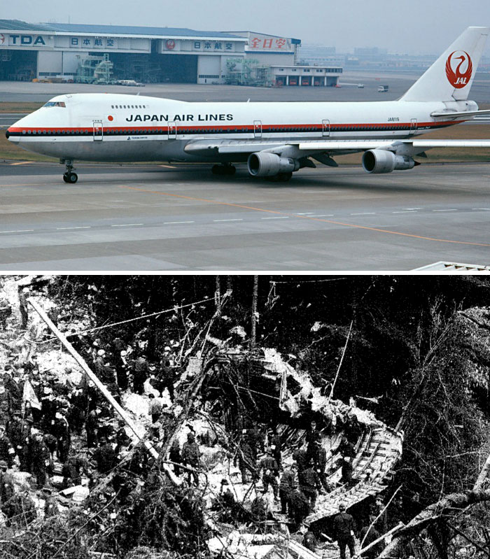 Japan Air Lines plane on runway and black and white photo of plane crash site with rescue workers after pilots realized crash risk