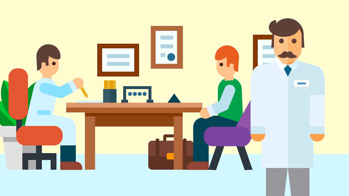 Illustration of people sharing thoughts in a consultation room with a doctor, focusing on people share unsubscribed YouTubers.