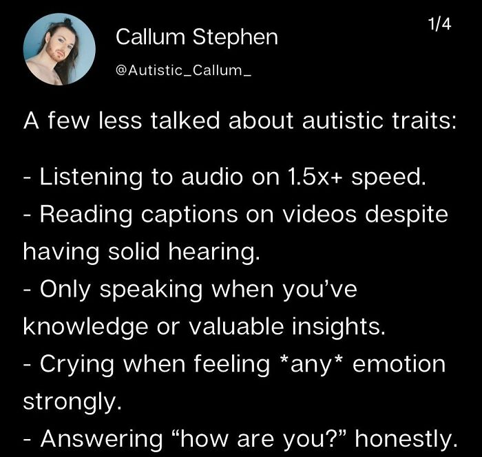 Tweet listing less talked about autistic traits including listening to audio at 1.5x speed, reading captions, and emotional responses in neurodivergents.