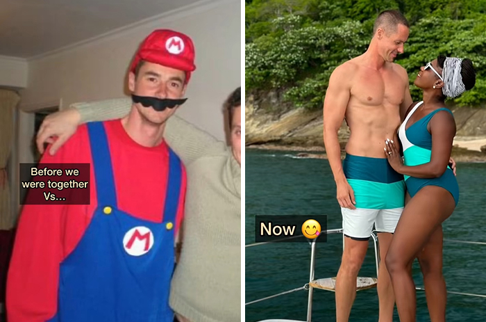 Before and after transformation of a man who married a black woman, showing growth and happiness in their relationship.