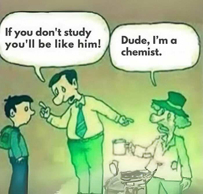 Cartoon meme showing a boy warned about not studying, with a chemist replying, humorously explaining science concepts.