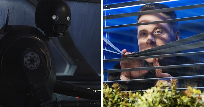 Side-by-side images showing a man peeking through window blinds and a black robot, revealing mind-blowing realization same actor. - 5