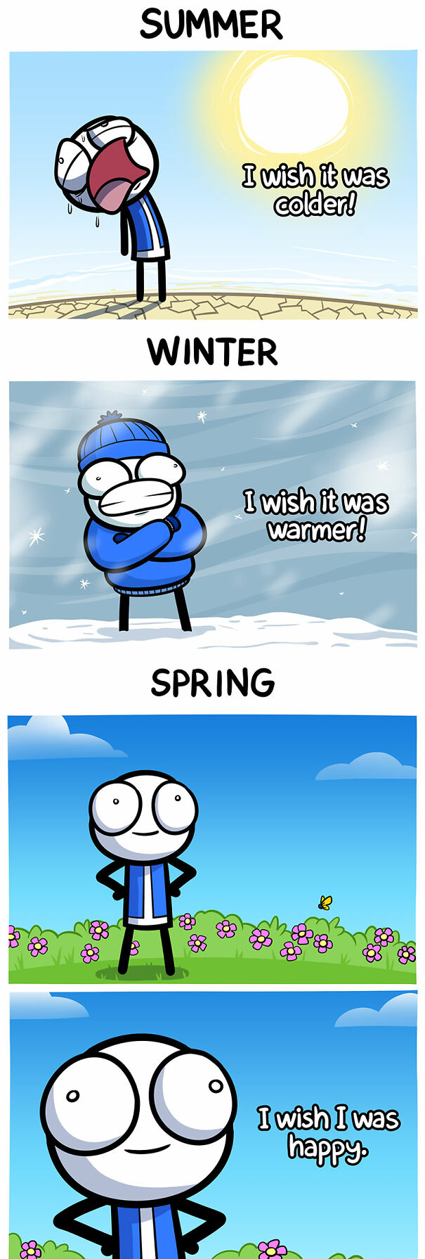 Cartoon character humorously reacts to summer, winter, and spring seasons, capturing funny summer memes about weather and mood.