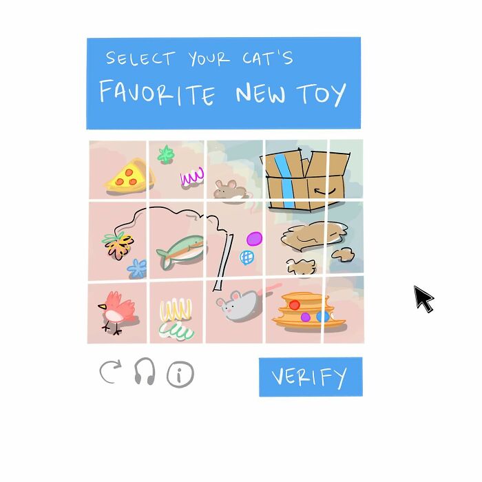 Hand-drawn comic showing a checkbox labeled Im not a robot with a submit button and cursor pointer.