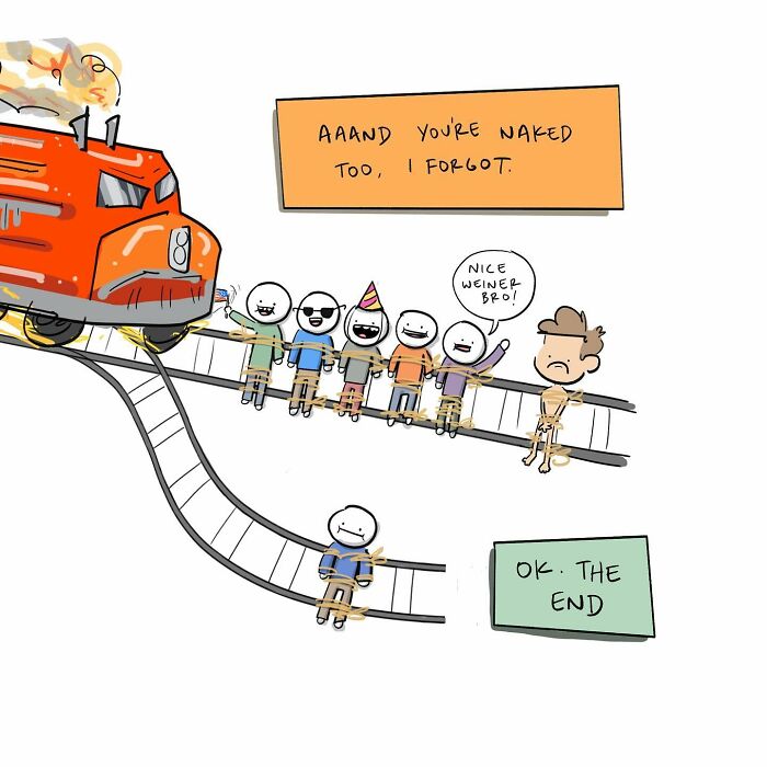Red runaway trolley speeding down train tracks in a funny comic illustrating arguing with your own brain.