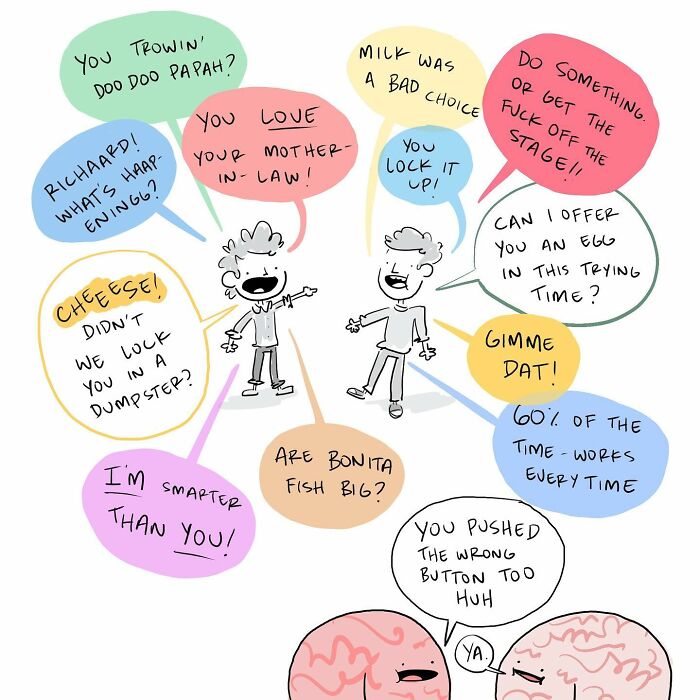 Simple hand-drawn comic titled Boys Hanging Out Together by Tim Bierley, featuring funny comics about arguing with the brain.