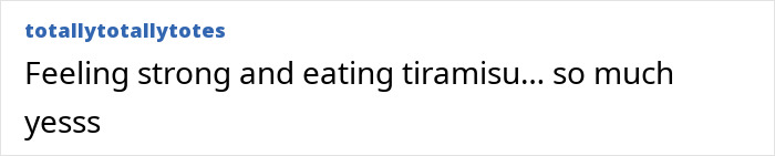 Text post by totallytotallytotes saying feeling strong and eating tiramisu with a positive tone, fans in love with Ilona Maher's response.