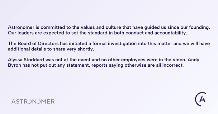 Statement from Astronomer addressing CEO cheating on Coldplay kiss cam, clarifying investigation and employee involvement.