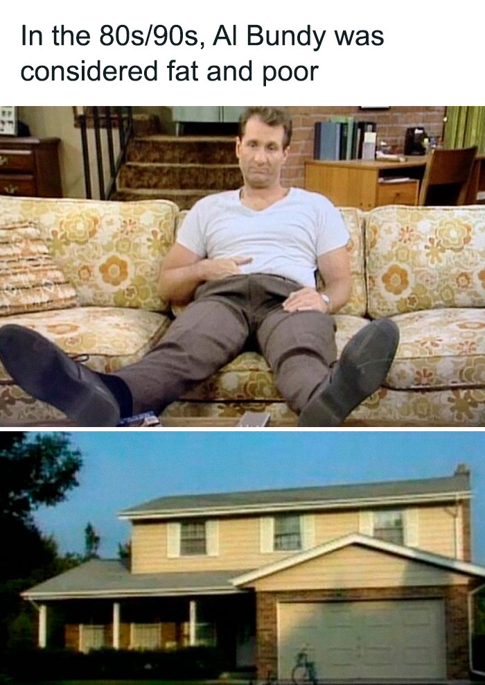 Scene from 80s/90s TV show with Al Bundy on floral couch and a suburban house in nostalgic meme about Tamagotchis and VHS tapes.