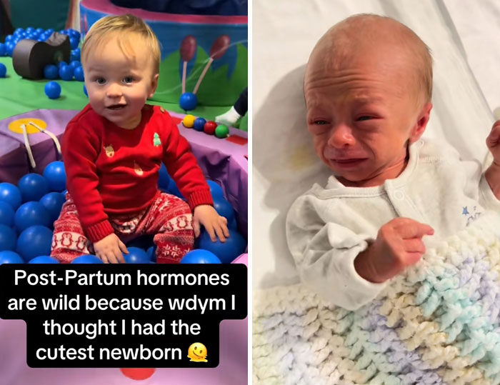 Side-by-side images of a smiling toddler and a crying newborn illustrating postpartum hormones in women.