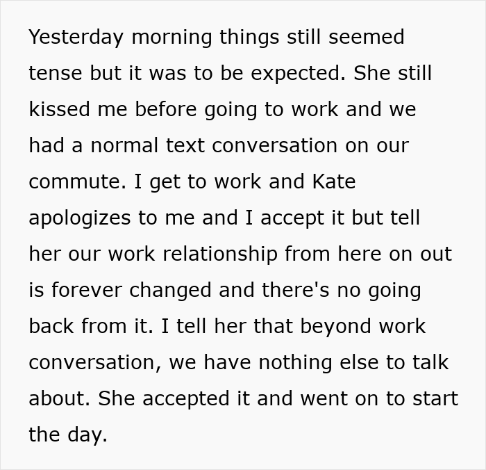 Text on screen showing a tense conversation related to a jealous wife spying on husband at work and their changed relationship.