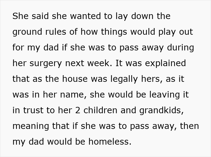 Text explaining how a woman plans to leave her partner homeless by leaving her property to her children and grandkids.