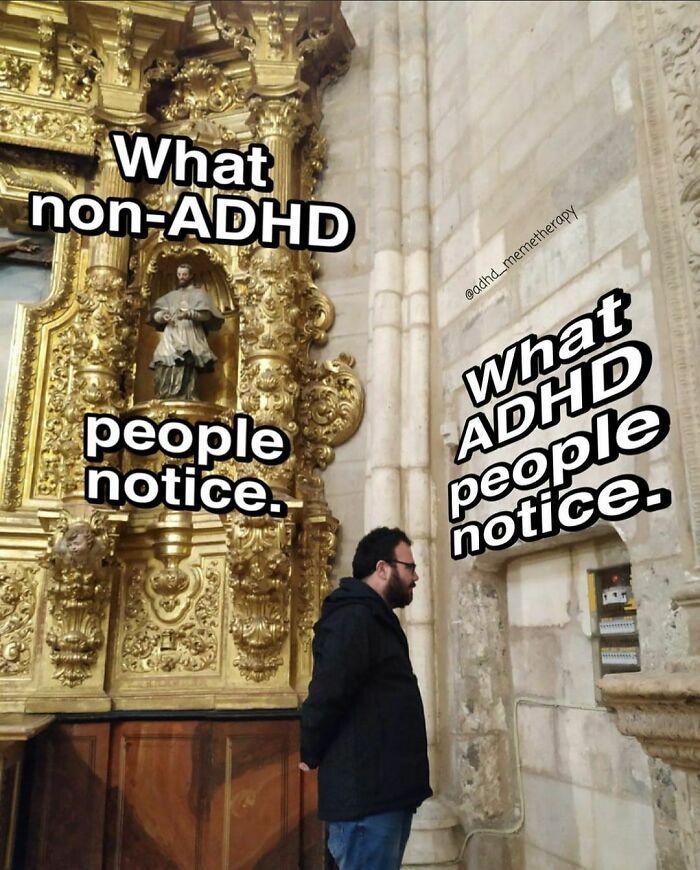 Man in a black jacket illustrates neurodivergent ADHD perspective by noticing electrical panel, while non-ADHD sees ornate church decor.
