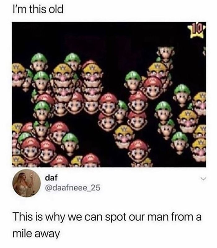 Screenshot of a weird and unhinged humor meme featuring pixelated characters with the text "I'm this old."