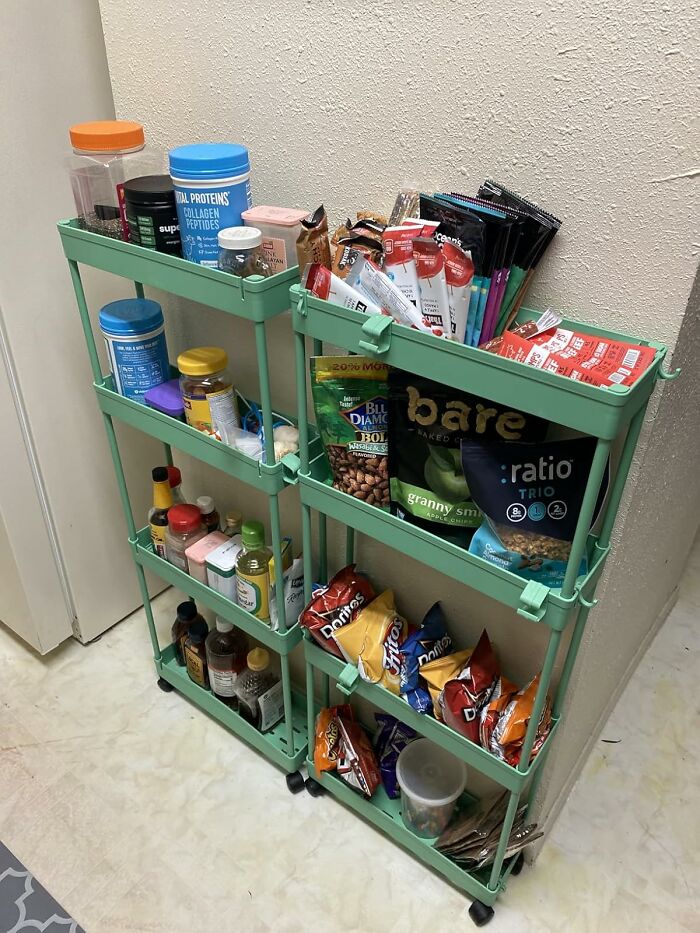 Green rolling storage rack filled with snacks and containers, illustrating Prime Day deals under 25 dollars to save money.