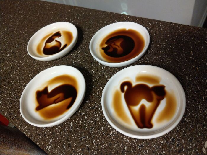 Four quirky finds with soy sauce art shaped like cats on small white plates on a dark speckled countertop.