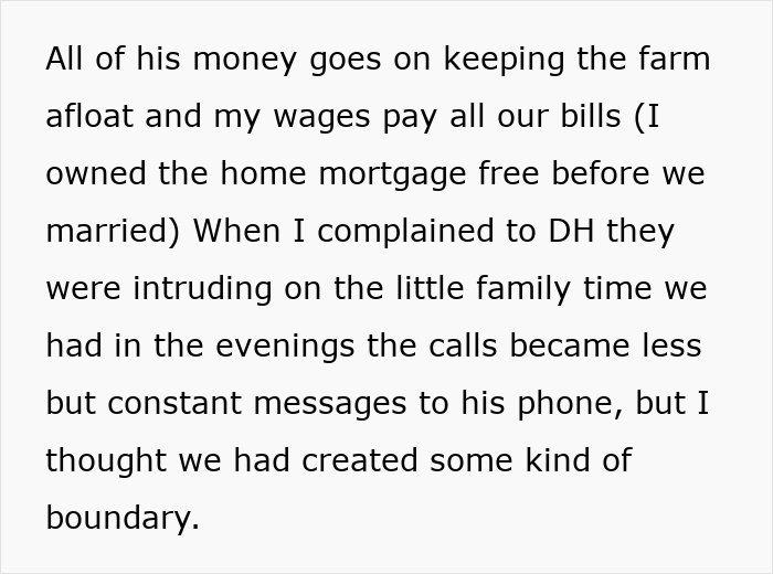 Text excerpt showing a woman describing her husband texting his mother and family boundary issues in their relationship.