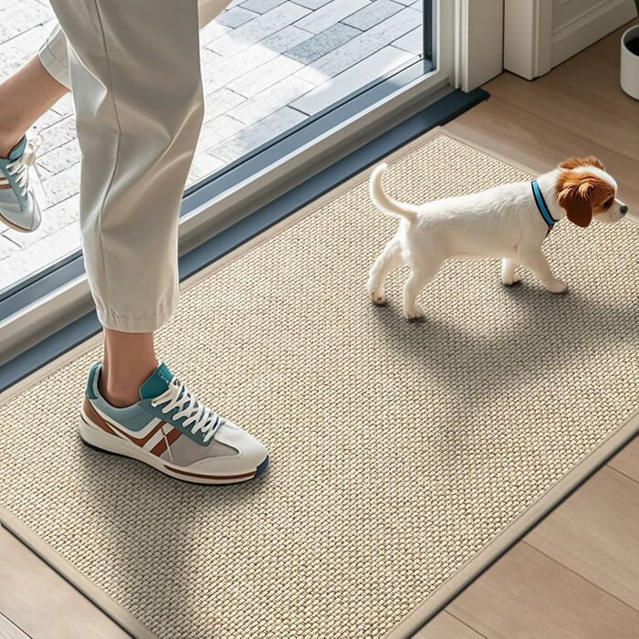 Small dog walking on a beige rug near a person’s feet wearing sneakers, one of the most wished for items on Amazon.