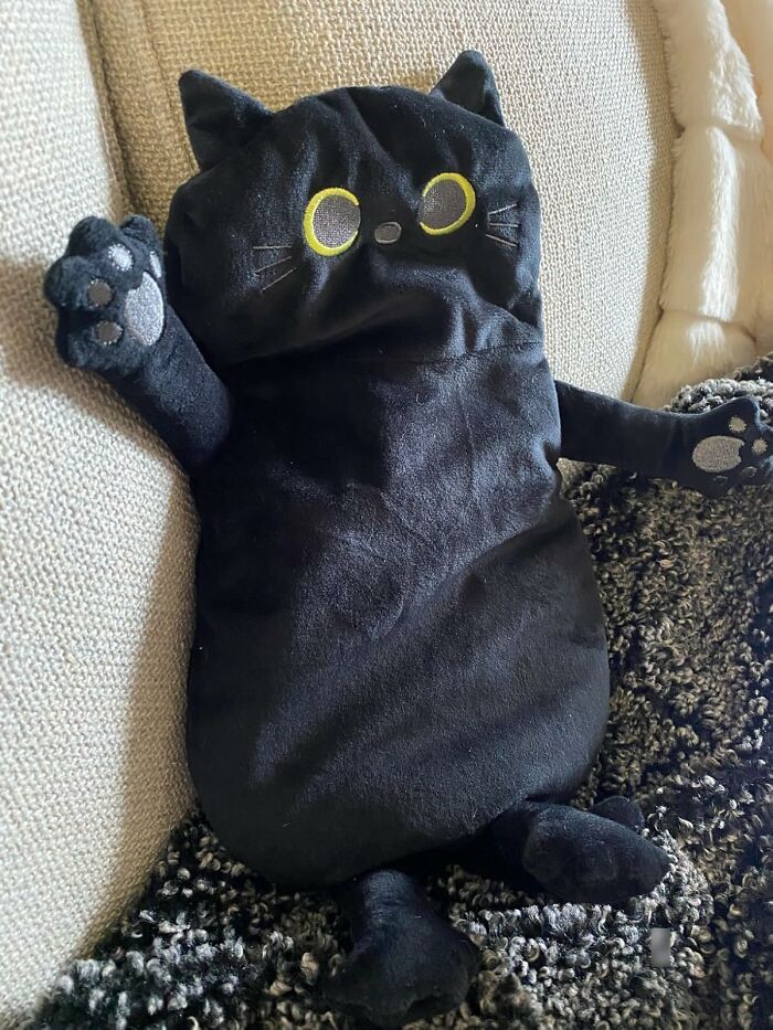 Plush black cat with yellow eyes and outstretched paws sitting on a couch, a novelty find for a dopamine hit.