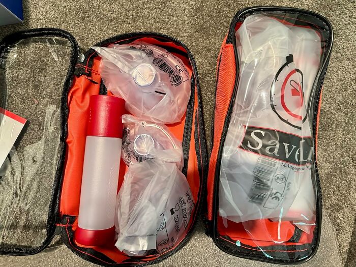 First aid kit with emergency safety supplies and equipment addressing common safety nightmares and fixes.