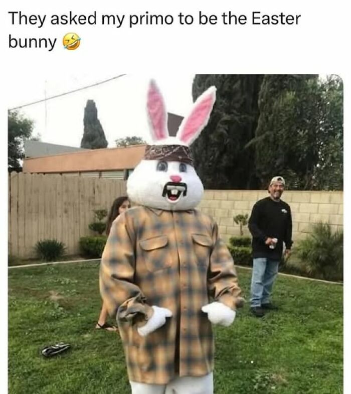 Person dressed in a Hispanic-themed Easter bunny costume wearing a bandana and plaid shirt in a backyard setting.