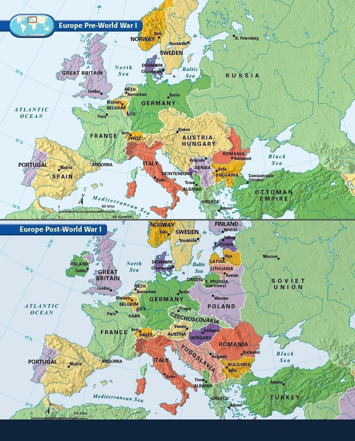 Europe maps showing territorial changes in Europe pre-World War I and post-World War I with country borders and cities.