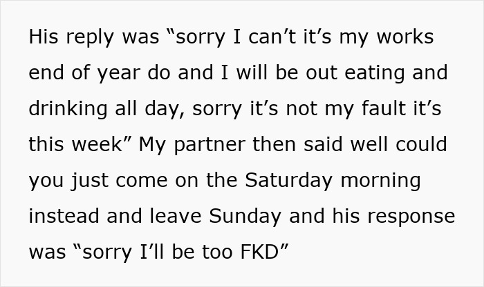 Text showing a grandpa refusing babysitting duty, choosing a party weekend instead, angering his daughter-in-law. - 15