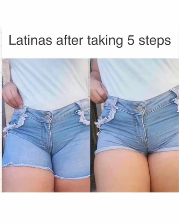Close-up of a woman in denim shorts illustrating a funny meme about Hispanic culture and clothing fit changes.
