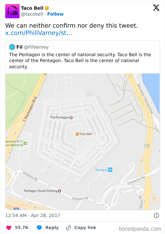 Screenshot of a funny official social media post showing a Taco Bell location inside the Pentagon on a map.