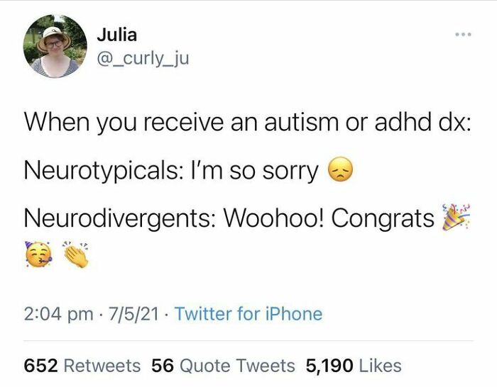 Tweet showing contrasting reactions of neurotypicals and neurodivergents to autism or ADHD diagnosis.
